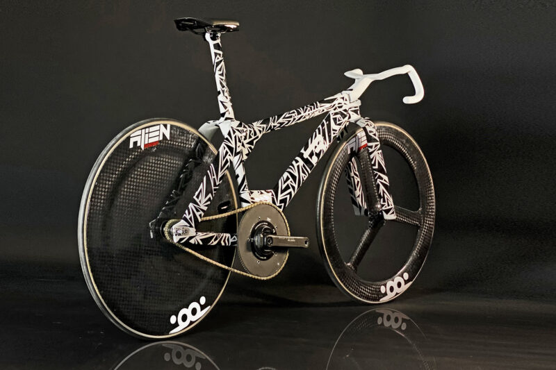 TRed X23 Swanigami individualized aerodynamics 3D-printed scandium aluminum alloy track bike prototype, angled rear